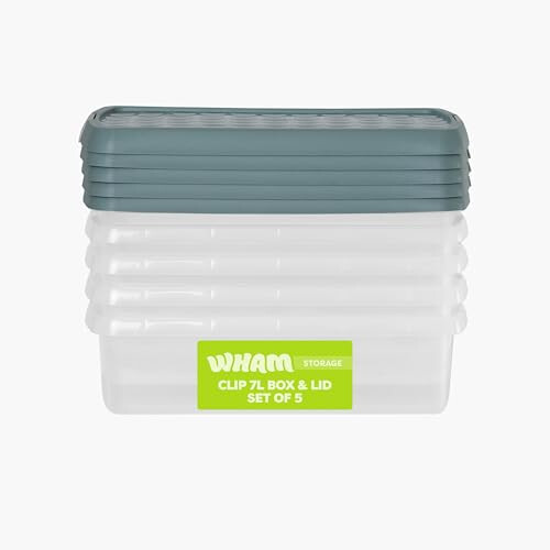 Wham Wham Clip 5 x 7L Rectangular Stackable Plastic Storage Boxes with Lids | Ideal for Home, Office, Toys & More | Storage Containers with Clip Locks |