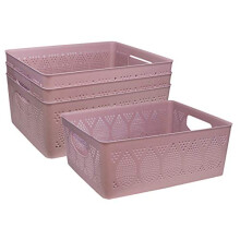 Muddy Hands Pack of 4 - Medium Dotted Plastic Storage Basket Kitchen Bedroom Bathroom Office Box (Pink)