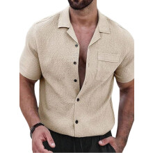 Heren Textured Korte Mouw Camp Collar Shirt Khaki XL