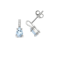 Stunning 9ct White Gold Ladies Diamond Stud Earrings Brilliant Cut H - PK with Aquamarine - 10mm*5mm