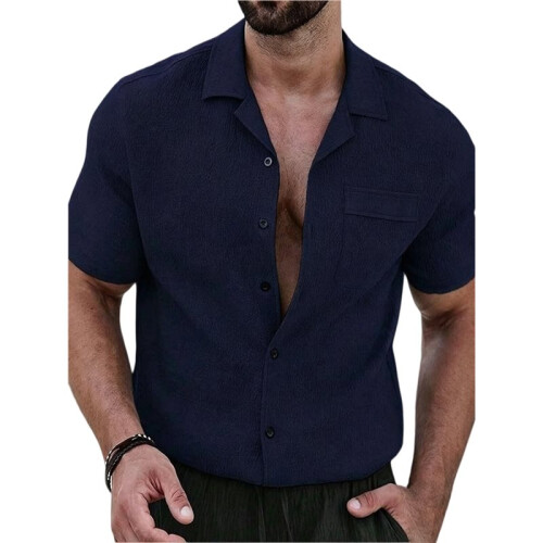 Mens Textured Short Sleeve Camp Collar Shirt Deep  S