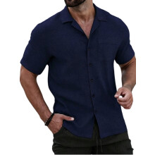 Heren Textured Korte Mouw Camp Collar Shirt Diep Blauw XXL