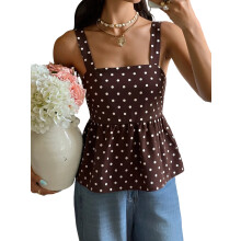 Dames Mouwloze Tanktop met Stippen, Vierkante Halslijn, Strik aan de Achterkant, A-Lijn Model, Peplum, Casual Zomerblouse Koffiebruin L