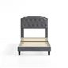 (SINGLE, GREY) Upholstered Bed Frame with Cozy Button Tufted Headboard & Adjustable Height, Wood Slat Support CHELSEY