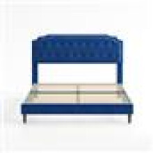 (DOUBLE, BLUE) Upholstered Bed Frame with Cozy Button Tufted Headboard & Adjustable Height, Wood Slat Support CHELSEY