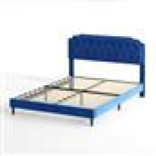 (KING, BLUE) Upholstered Bed Frame with Cozy Button Tufted Headboard & Adjustable Height, Wood Slat Support CHELSEY