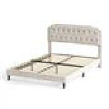 (KING, BEIGE) Upholstered Bed Frame with Cozy Button Tufted Headboard & Adjustable Height, Wood Slat Support CHELSEY