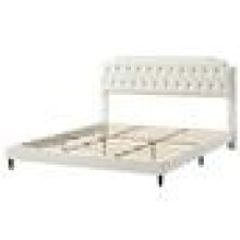 (SUPER KING, BEIGE) Upholstered Bed Frame with Cozy Button Tufted Headboard & Adjustable Height, Wood Slat Support CHELSEY