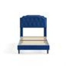 (SINGLE, BLUE) Upholstered Bed Frame with Cozy Button Tufted Headboard & Adjustable Height, Wood Slat Support CHELSEY