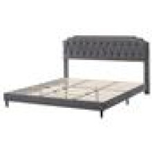 (SUPER KING, GREY) Upholstered Bed Frame with Cozy Button Tufted Headboard & Adjustable Height, Wood Slat Support CHELSEY