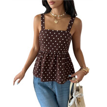 Dames Mouwloze Tanktop met Stippen, Vierkante Halslijn, Strik aan de Achterkant, A-Lijn Model, Peplum, Casual Zomerblouse Koffiebruin S