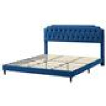 (SUPER KING, BLUE) Upholstered Bed Frame with Cozy Button Tufted Headboard & Adjustable Height, Wood Slat Support CHELSEY