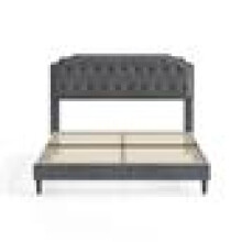 (KING, GREY) Upholstered Bed Frame with Cozy Button Tufted Headboard & Adjustable Height, Wood Slat Support CHELSEY