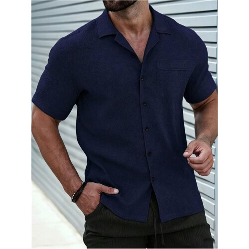 Mens Textured Short Sleeve Camp Collar Shirt Deep  S 2