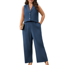 Damvästset Sommar 2-Delade Outfits Knappknäppt Kavajväst och Vida Byxor Blå XXXL