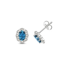 Elegant 9ct White Gold Ladies Diamond Stud Earrings Brilliant Cut H-I - I1 with London BlueTopaz - 9mm*8mm