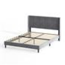(DOUBLE, GREY) Upholstered Bed Frame with Cozy Button Tufted Headboard & Adjustable Height, Wood Slat Support CHARLIE