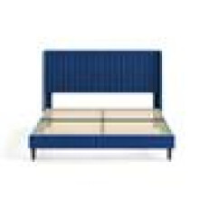 (KING, BLUE) Upholstered Bed Frame with Cozy Button Tufted Headboard & Adjustable Height, Wood Slat Support CHARLIE