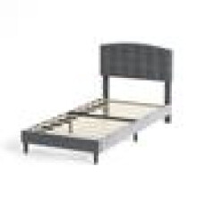 (SINGLE, GREY) Upholstered Bed Frame with Cozy Button Tufted Headboard & Adjustable Height, Wood Slat Support CHEYENNE