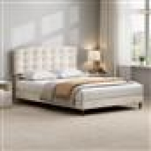 MCC (KING, BEIGE) Upholstered Bed Frame with Cozy Button Tufted Headboard & Adjustable Height, Wood Slat Support CHEYENNE 1