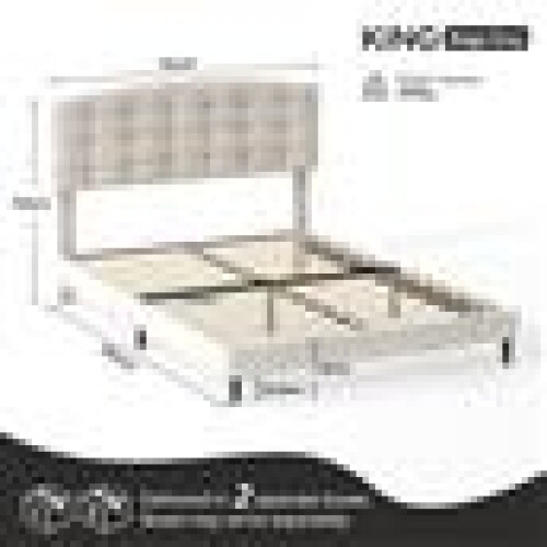 MCC (KING, BEIGE) Upholstered Bed Frame with Cozy Button Tufted Headboard & Adjustable Height, Wood Slat Support CHEYENNE 2