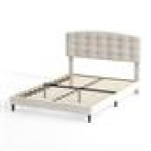 (DOUBLE, BEIGE) Upholstered Bed Frame with Cozy Button Tufted Headboard & Adjustable Height, Wood Slat Support CHEYENNE