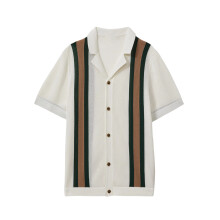 Gestreept Gebreid Campshirt met Korte Mouwen voor Heren Wit XL