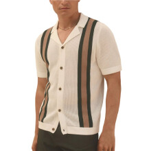 Gestreept Gebreid Campshirt met Korte Mouwen voor Heren Wit M