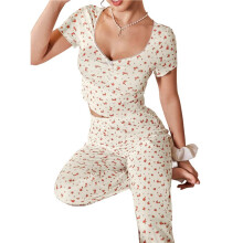 Kvinnors Blommig Tryck Ribbad Kortärmad Crop Top & Långa Byxor Loungewear Pyjamas Set Aprikosfärg S