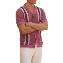 Gestreept Gebreid Campshirt met Korte Mouwen voor Heren Rosérood M
