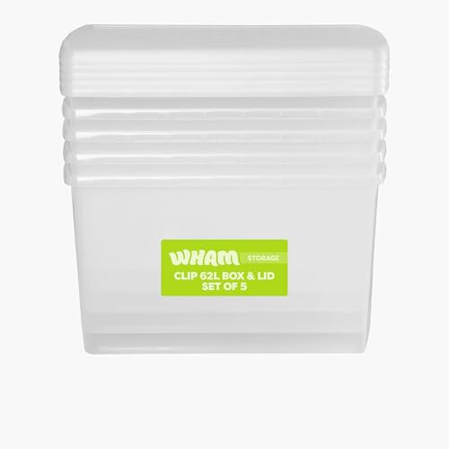 Wham Wham Clip 5 x 62L Rectangular Stackable Plastic Storage Boxes with Lids | Ideal for Home, Office, Toys & More | Storage Containers with Clip Locks |