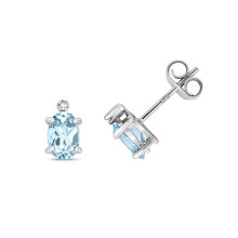 Pretty 9ct White Gold Ladies Diamond Stud Earrings Brilliant Cut H - PK with Aquamarine - 8mm*5mm