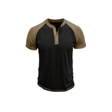 Mens Henley Short Sleeve T-Shirt Casual Shirt Workout Gym for Henley Tee Tops Black Khaki L