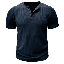 Heren Geribbelde Henley Shirt Korte Mouw Slim Fit Spier Shirt Fitted Casual T-Shirt Donkerblauw L