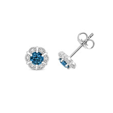 Beautiful 9ct White Gold Ladies Diamond Stud Earrings Brilliant Cut H-I - I1 with London BlueTopaz - 7mm*7mm