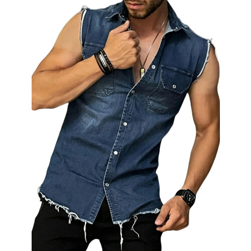 Mens Sleeveless Distressed Denim Shirt  M