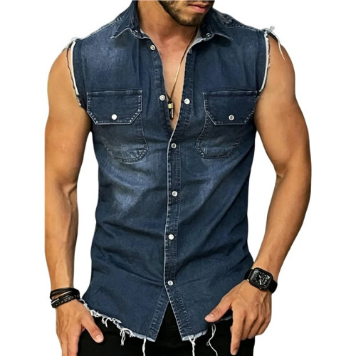 Mens Sleeveless Distressed Denim Shirt  S