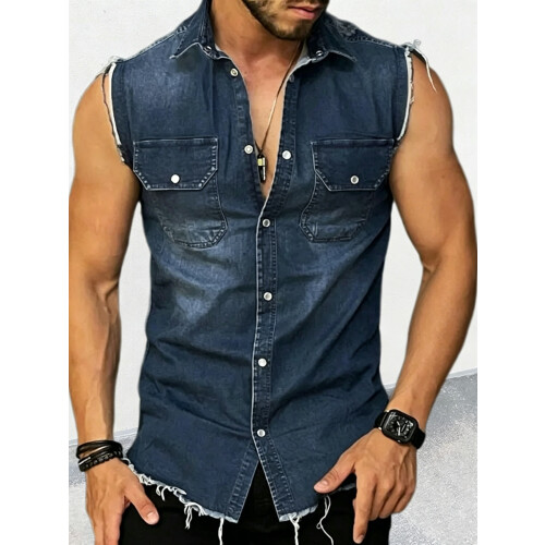 Mens Sleeveless Distressed Denim Shirt  M 1