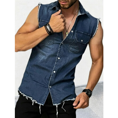 Mens Sleeveless Distressed Denim Shirt  M 2