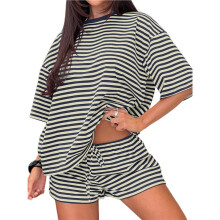 Twee-Delige Sets voor Vrouwen Zomer Gestreepte 3/4 Mouw Tops en Elastische Taille Korte Pyjama Lounge Geel & Blauw M