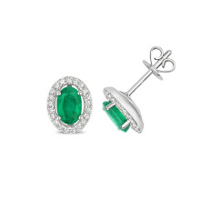 9ct White Gold Ladies Diamond Stud Earrings Brilliant Cut 0.18 Carat H-I - I1 with Emerald - 9mm*7mm