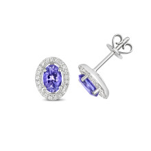 9ct White Gold Ladies Diamond Stud Earrings Brilliant Cut 0.18 Carat H-I - I1 with Tanzanite - 9mm*7mm