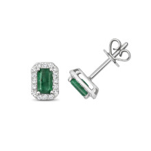 9ct White Gold Ladies Diamond Stud Earrings Brilliant Cut 0.17 Carat H-I - I1 with Emerald - 8mm*6mm