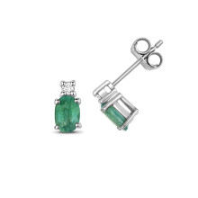 9ct White Gold Ladies Diamond Stud Earrings 0.08 Carat with Emerald - 9mm*4mm