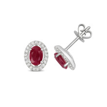 9ct White Gold Ladies Diamond Stud Earrings Brilliant Cut 0.18 Carat H-I - I1 with Ruby - 9mm*7mm