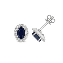 9ct White Gold Ladies Diamond Stud Earrings Brilliant Cut 0.18 Carat H-I - I1 with Sapphire - 9mm*7mm