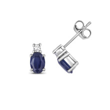9ct White Gold Ladies Diamond Stud Earrings 0.08 Carat with Sapphire - 9mm*4mm