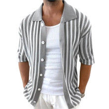 Gestreifte, Luftig-Weiße Strickjacke für Herren mit Kurzen Ärmeln Grau XXL
