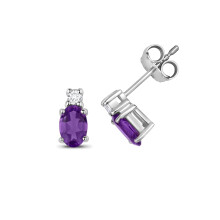 9ct White Gold Ladies Diamond Stud Earrings 0.08 Carat with Amethyst - 9mm*4mm