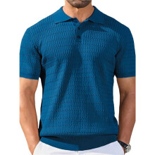 Herenoverhemd met Korte Mouwen en Kraag, Gebreid met Textuur Blauw L